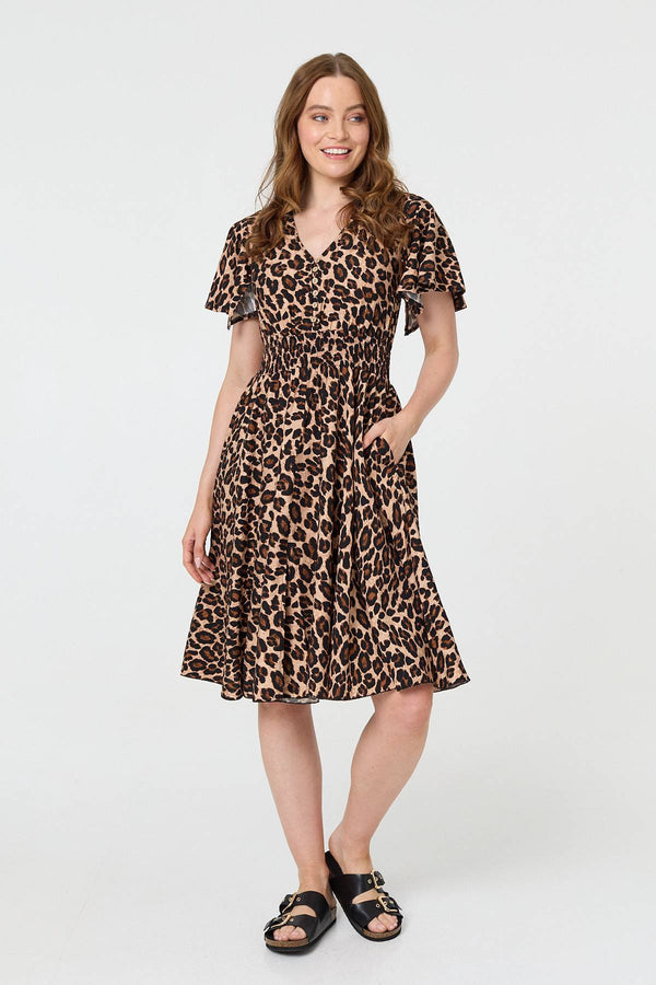 Animal Print Shirred Knee Length Dress