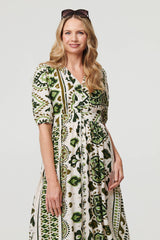 Printed 1/2 Sleeve A-Line Midi Dress