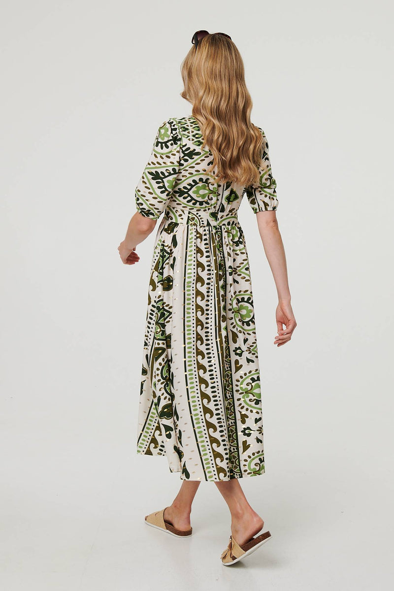 Printed 1/2 Sleeve A-Line Midi Dress