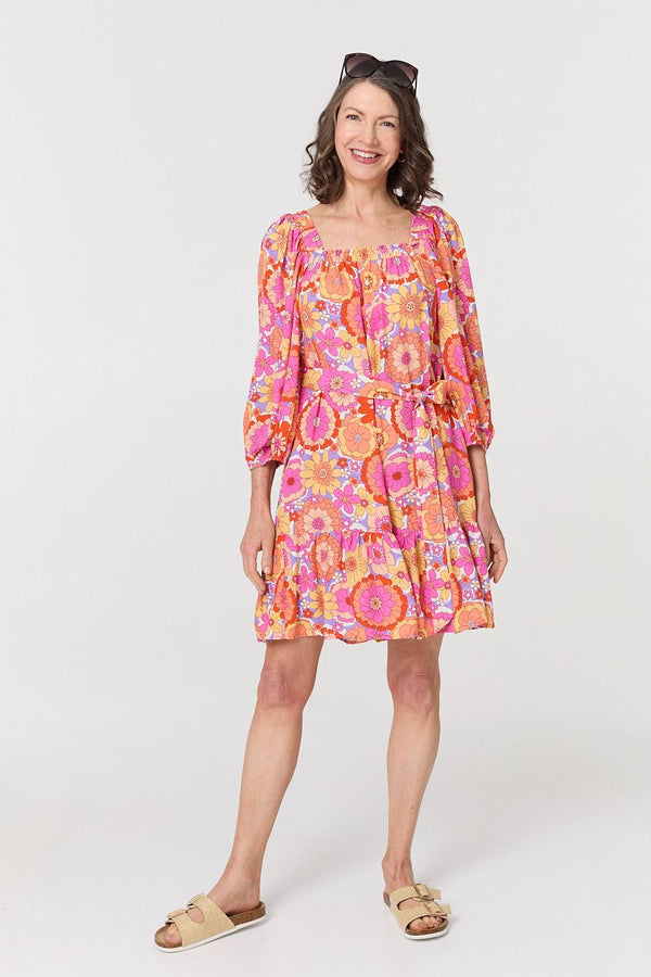 Vintage Floral Tie Waist Short Dress