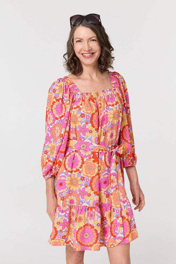 Vintage Floral Tie Waist Short Dress