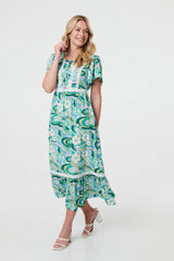 Abstract Lace Trim Tie Neck Midi Dress