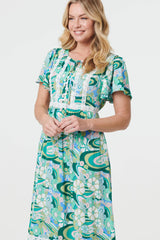 Abstract Lace Trim Tie Neck Midi Dress
