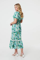 Abstract Lace Trim Tie Neck Midi Dress
