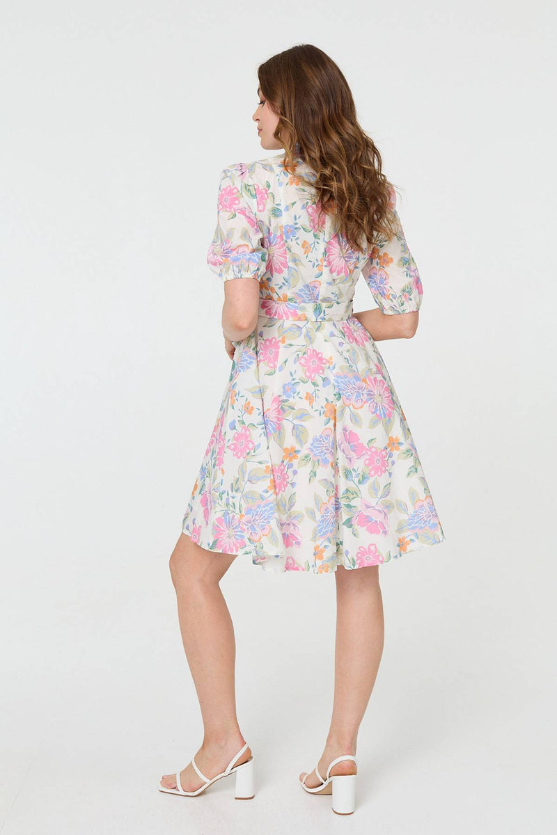 Floral Tie Waist Puff Sleeve Short Dress