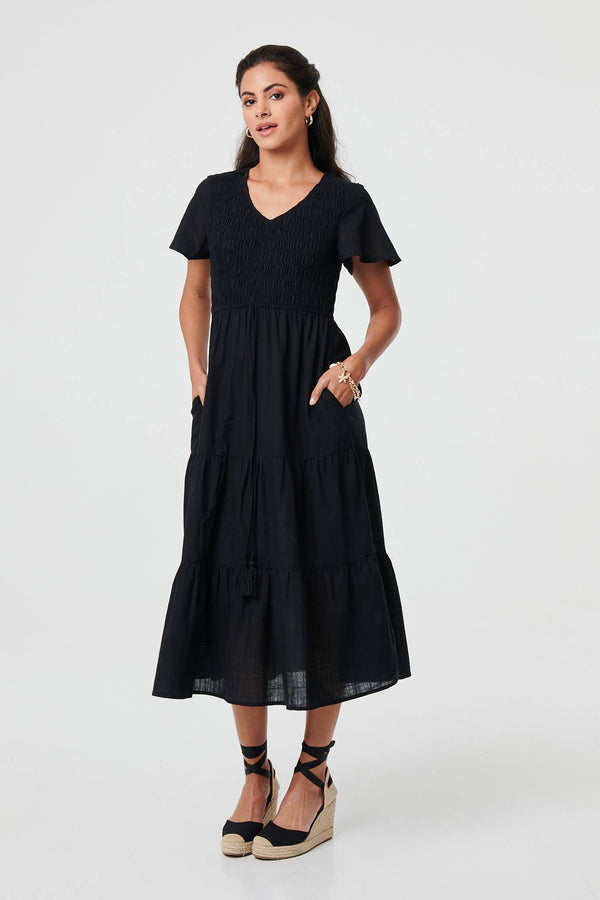 Smocked Flared Sleeve Tiered Midi Dress