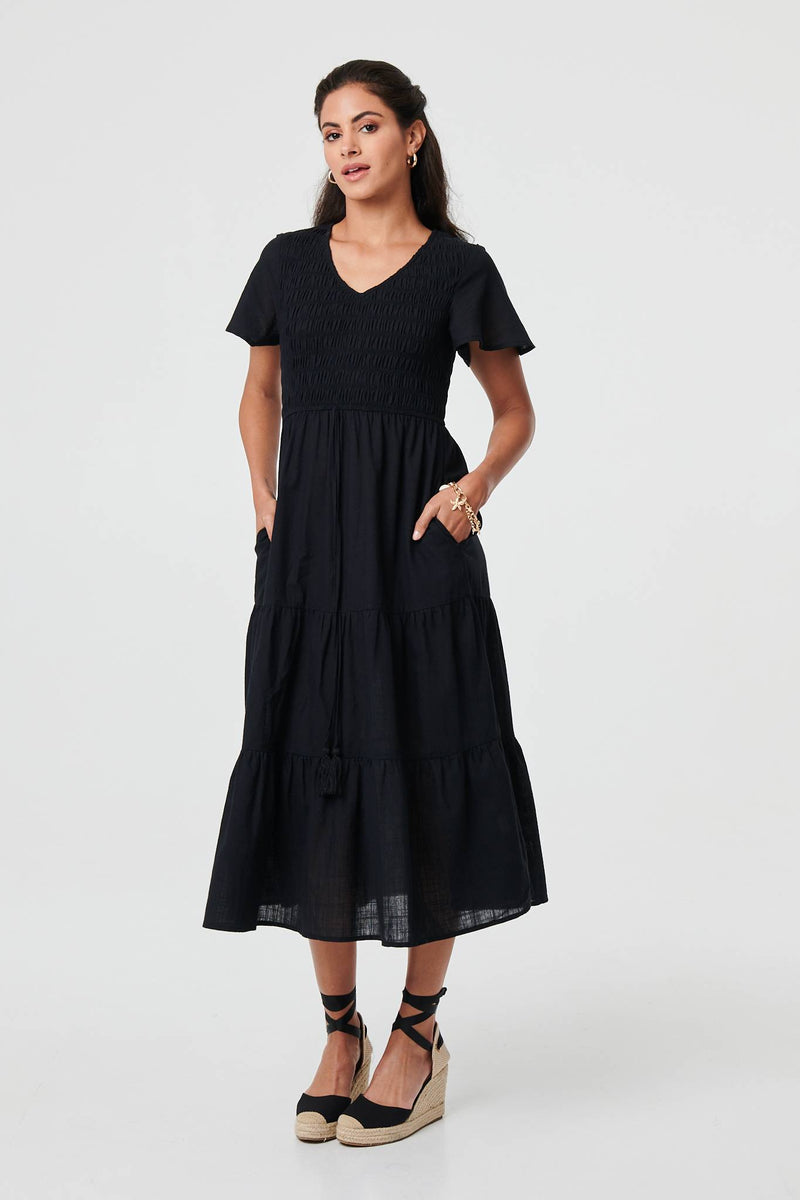 Smocked Flared Sleeve Tiered Midi Dress