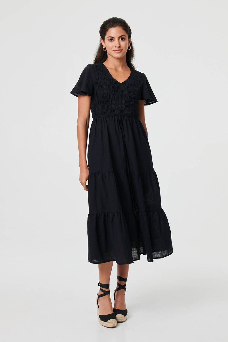 Smocked Flared Sleeve Tiered Midi Dress