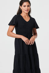 Smocked Flared Sleeve Tiered Midi Dress