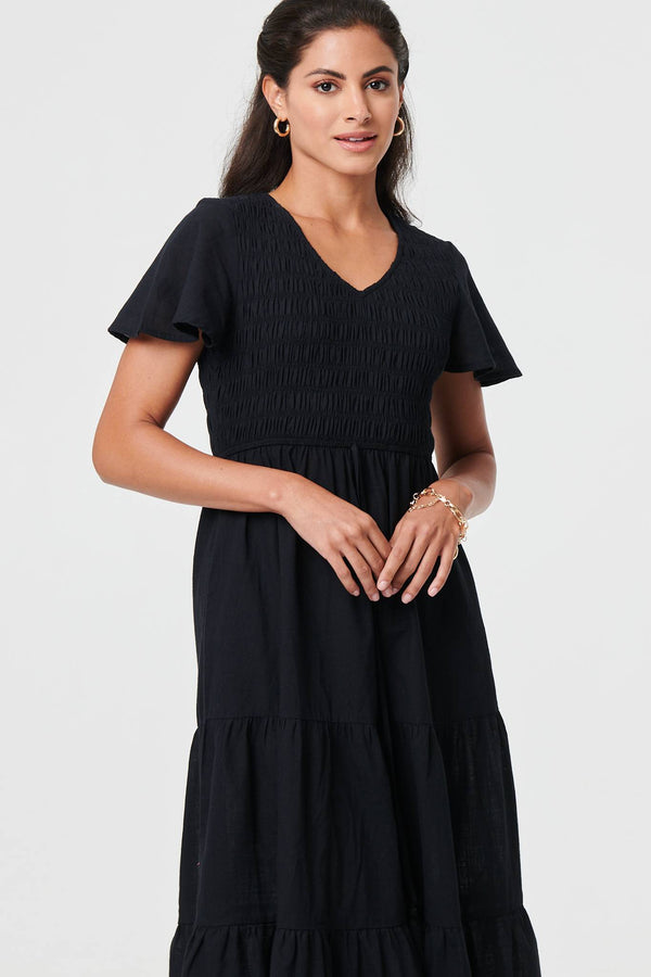 Smocked Flared Sleeve Tiered Midi Dress