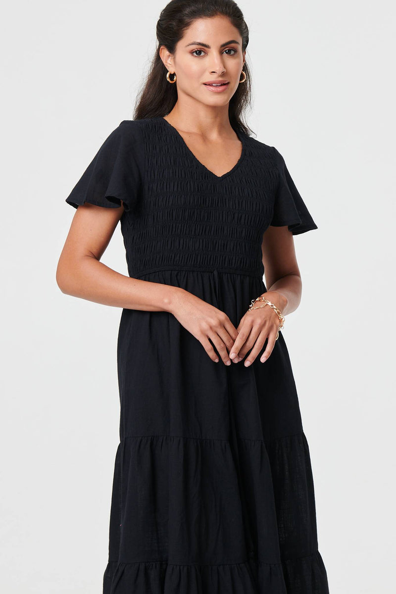 Smocked Flared Sleeve Tiered Midi Dress