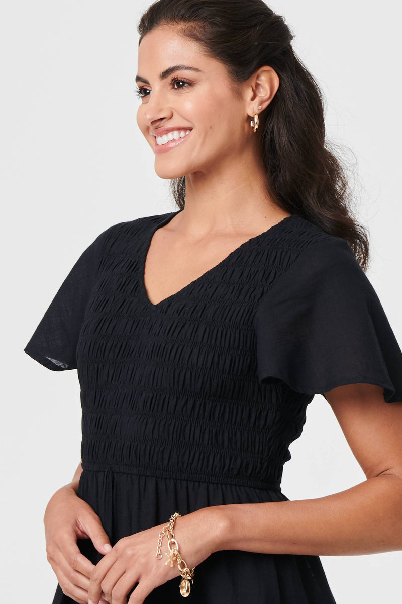Smocked Flared Sleeve Tiered Midi Dress