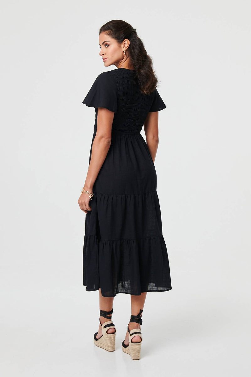 Smocked Flared Sleeve Tiered Midi Dress