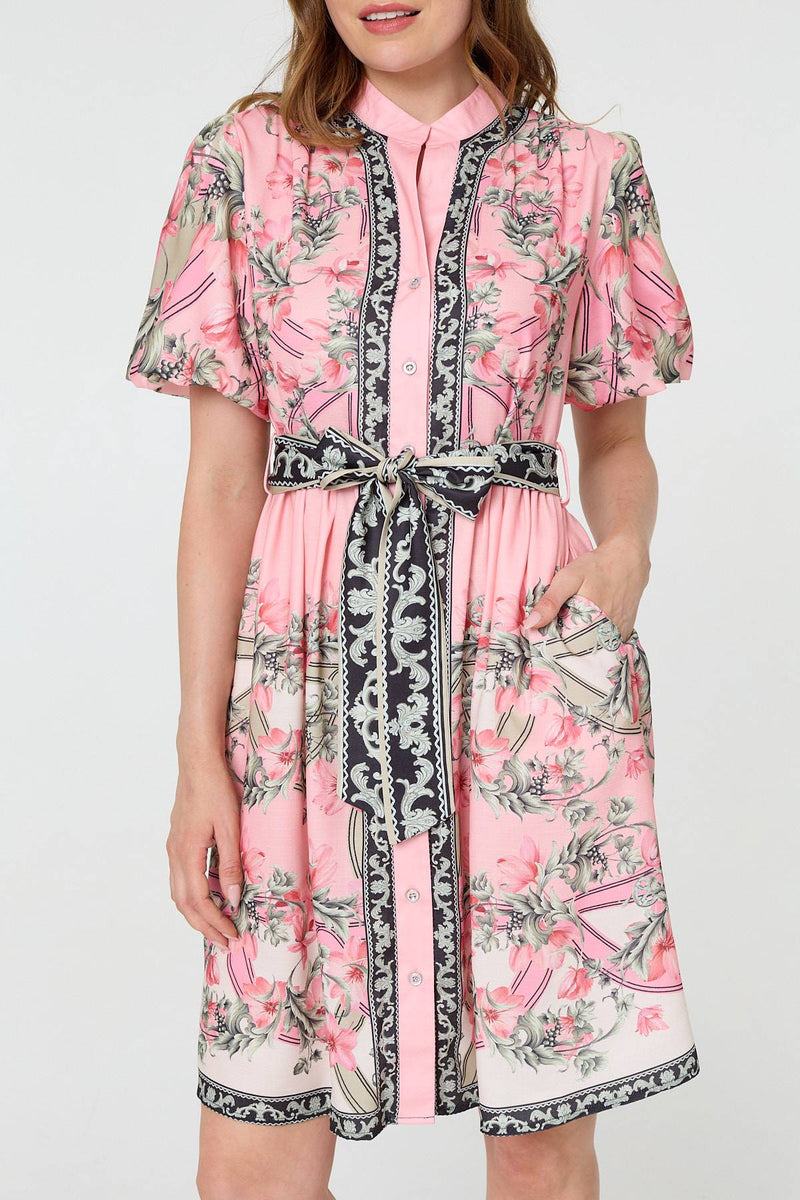 Border Print Tie Waist Short Dress