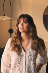 Lace Trim 3/4 Sleeve V-Neck Blouse