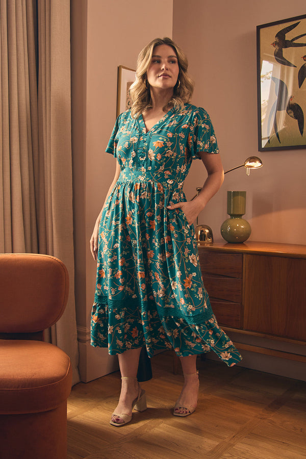 Floral Lace Trim Short Sleeve Midi Dress