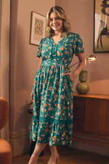 Floral Lace Trim Short Sleeve Midi Dress