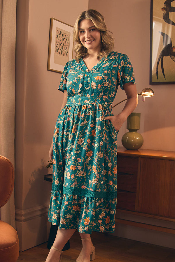 Floral Lace Trim Short Sleeve Midi Dress