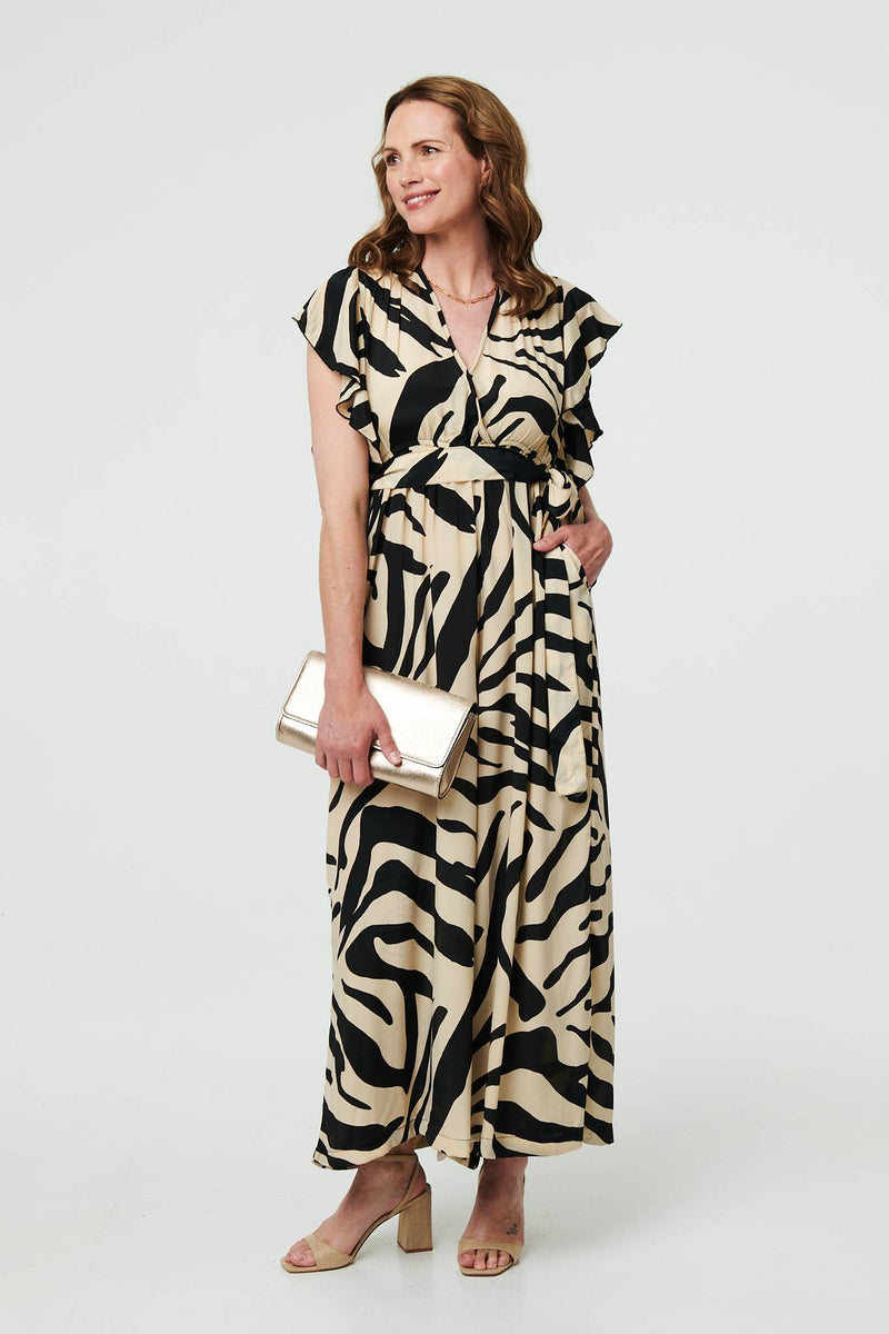 Zebra Print Frilled Cap Sleeve Jumpsuit