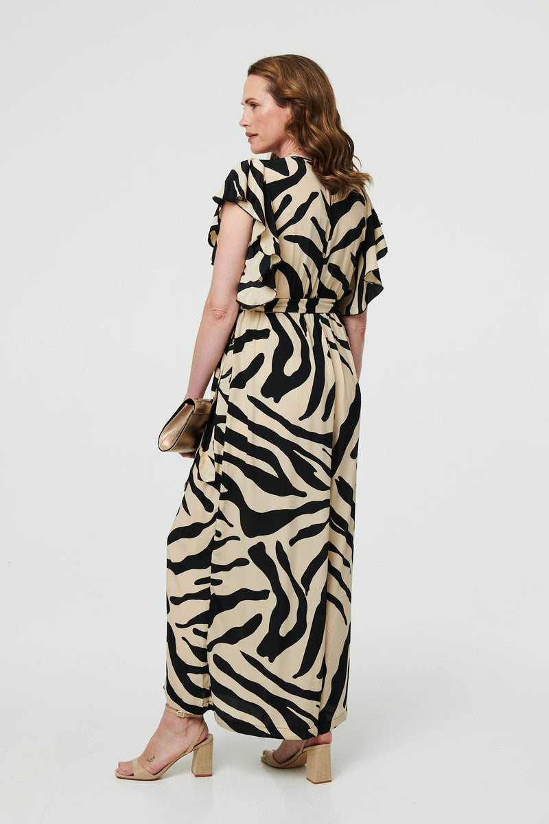Zebra Print Frilled Cap Sleeve Jumpsuit