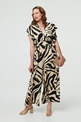 Zebra Print Frilled Cap Sleeve Jumpsuit