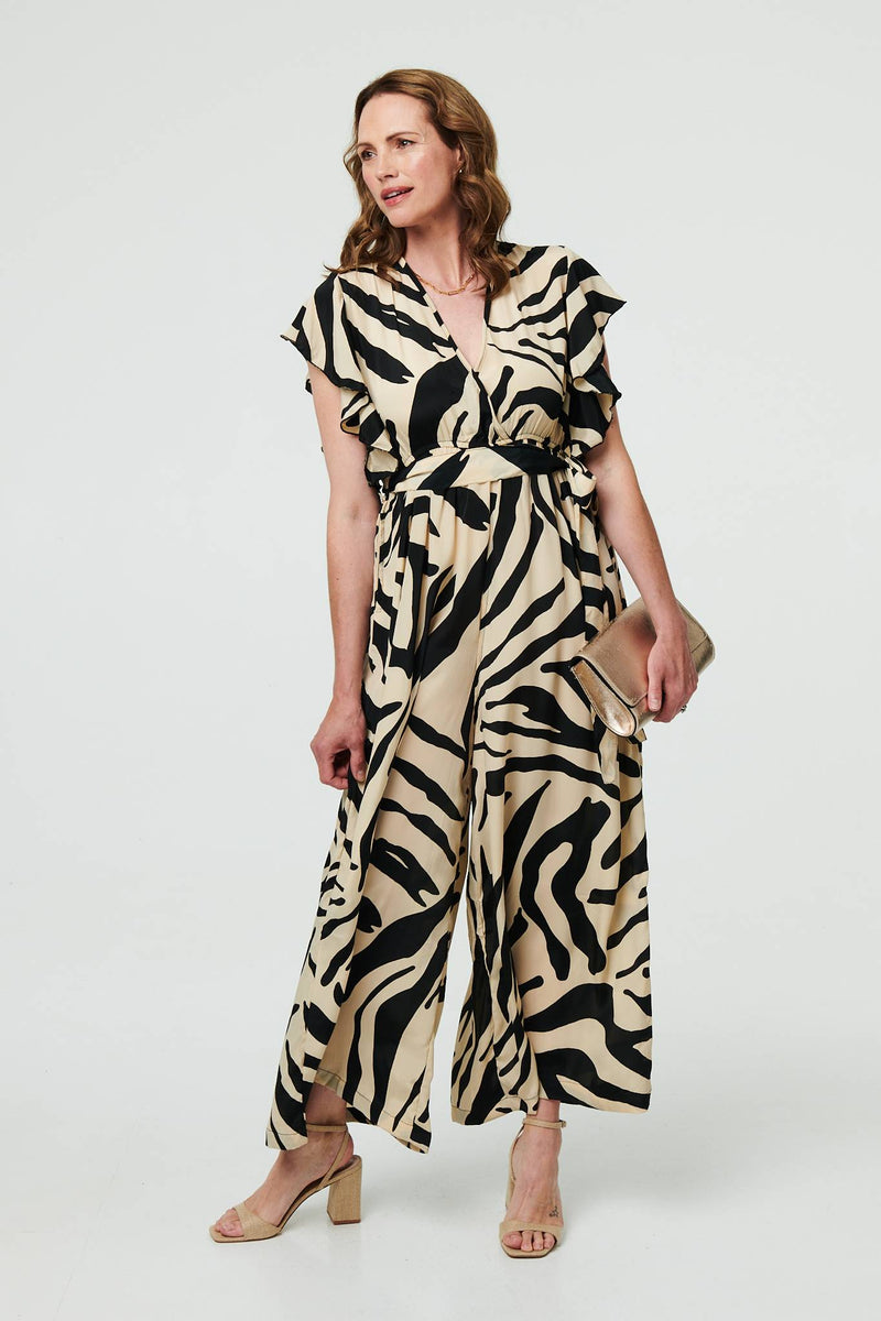 Zebra Print Frilled Cap Sleeve Jumpsuit