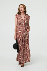 Geo Print Sleeveless Tie Waist Jumpsuit
