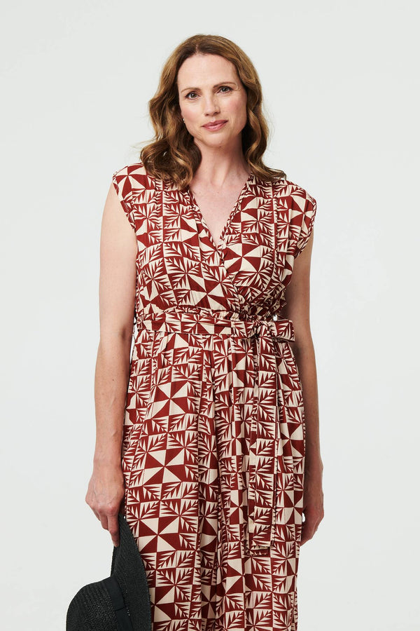 Geo Print Sleeveless Tie Waist Jumpsuit