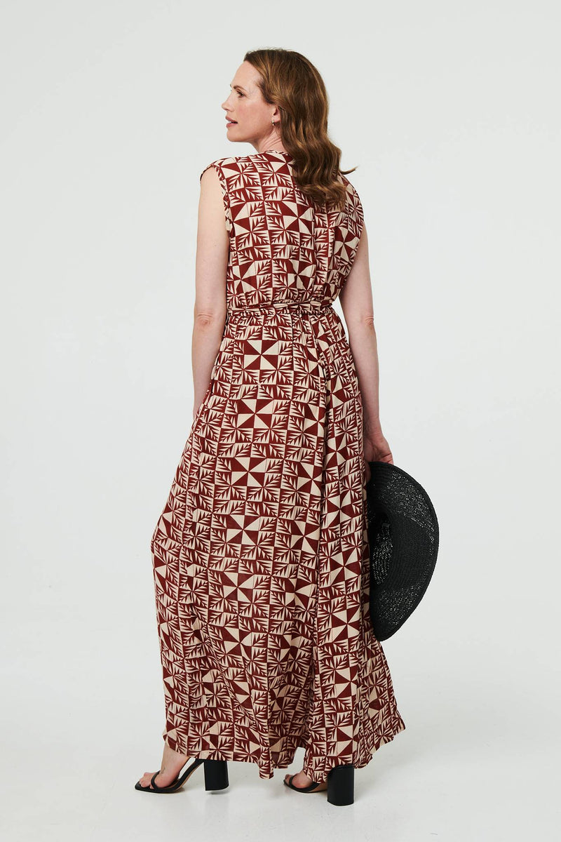 Geo Print Sleeveless Tie Waist Jumpsuit