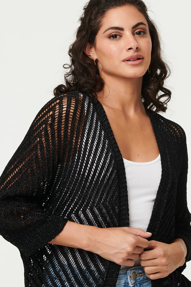 Sheer Mesh Texture 3/4 Sleeve Cardigan