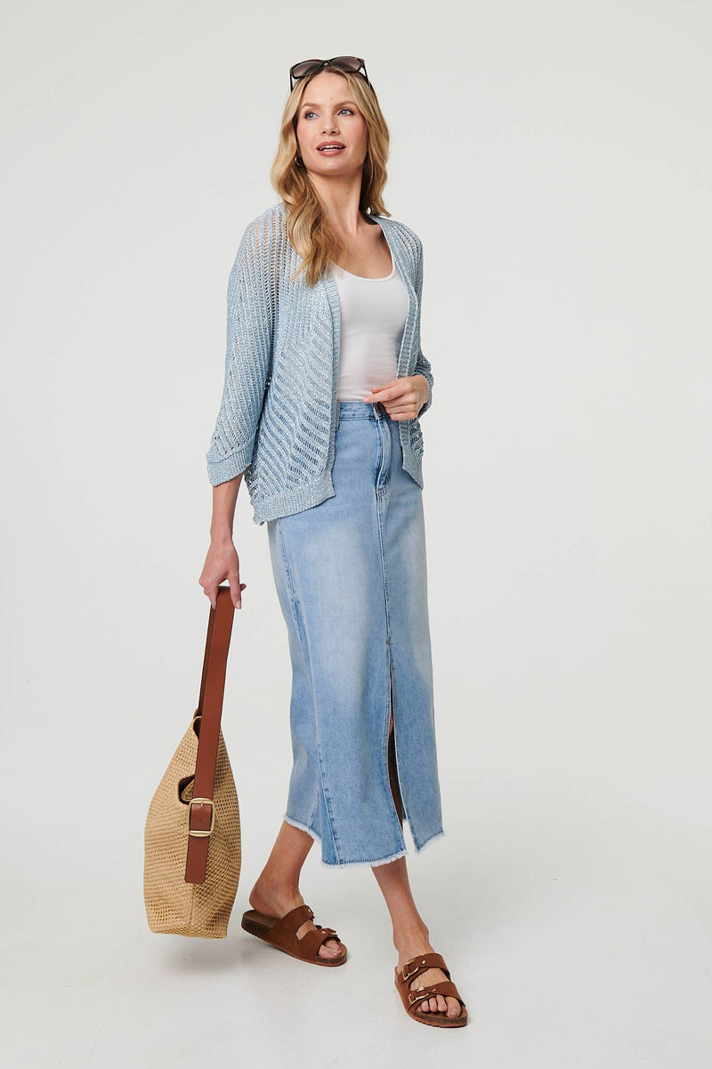 Sheer Mesh Texture 3/4 Sleeve Cardigan