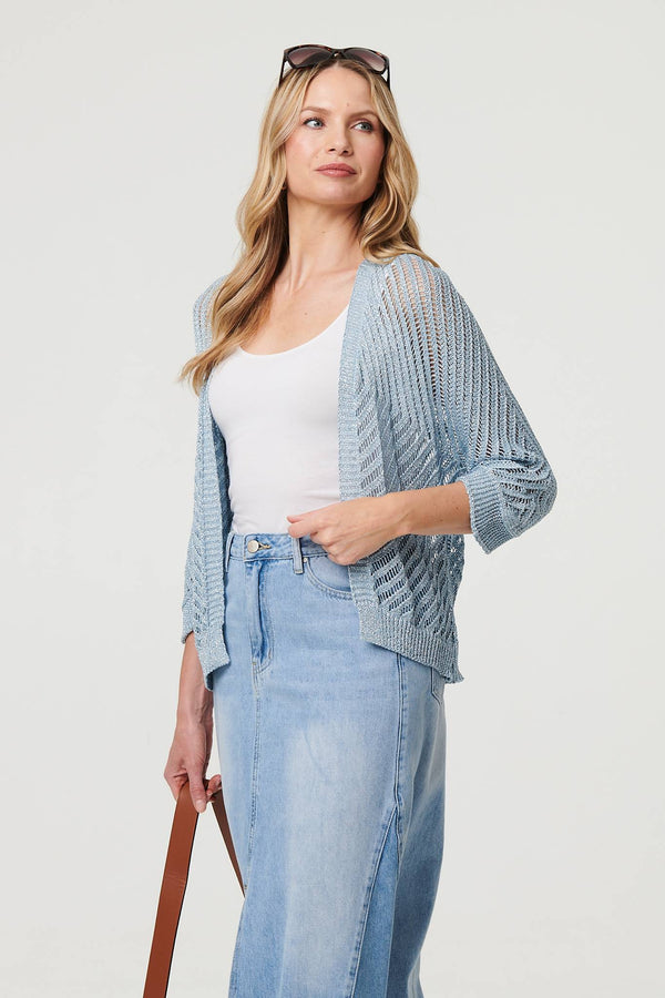 Sheer Mesh Texture 3/4 Sleeve Cardigan
