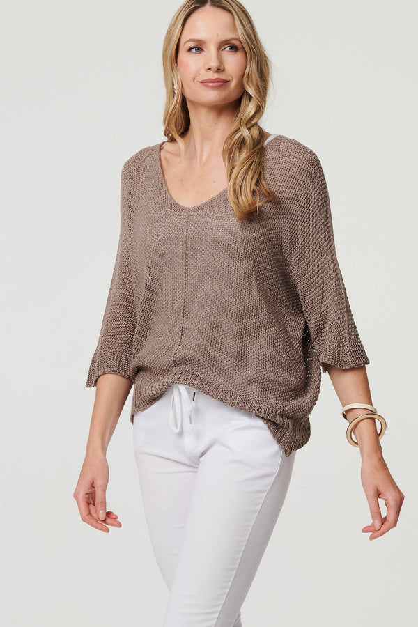 Sheer Mesh Texture 3/4 Sleeve Jumper