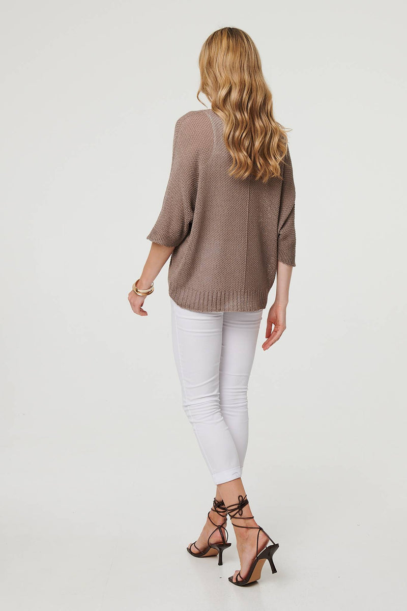 Sheer Mesh Texture 3/4 Sleeve Jumper