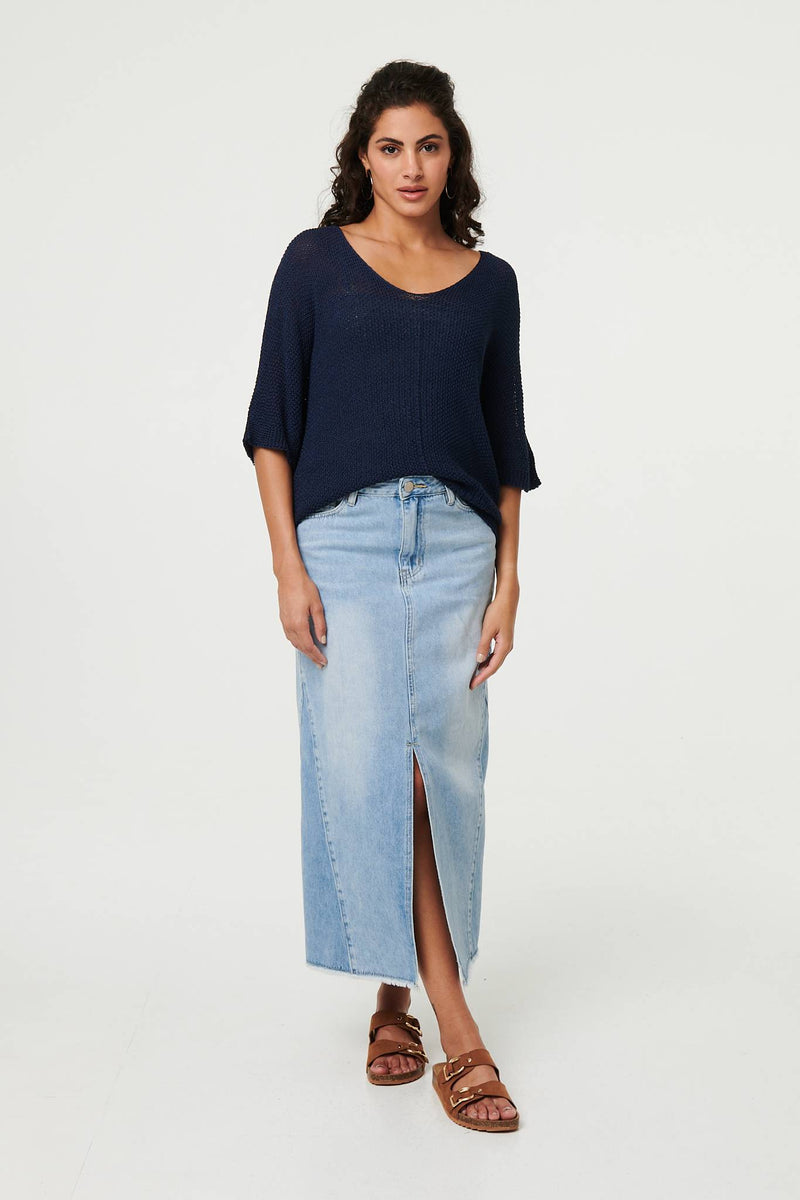 Sheer Mesh Texture 3/4 Sleeve Jumper
