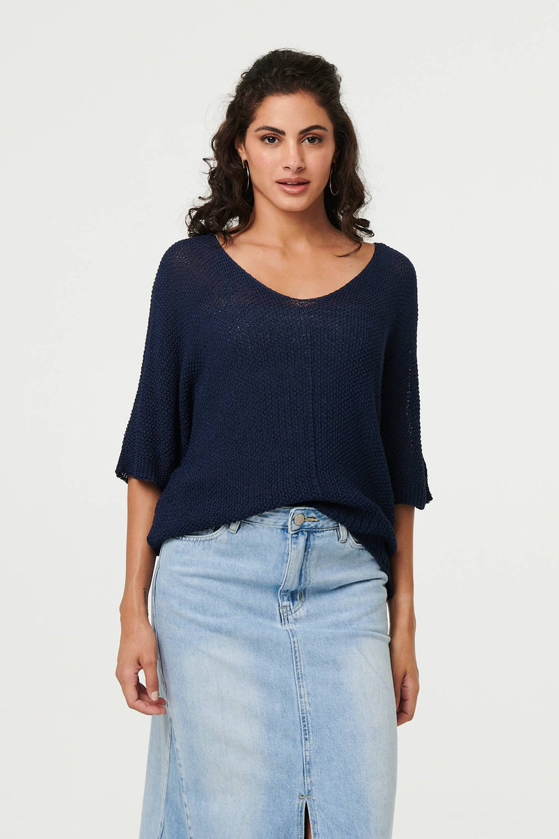 Sheer Mesh Texture 3/4 Sleeve Jumper