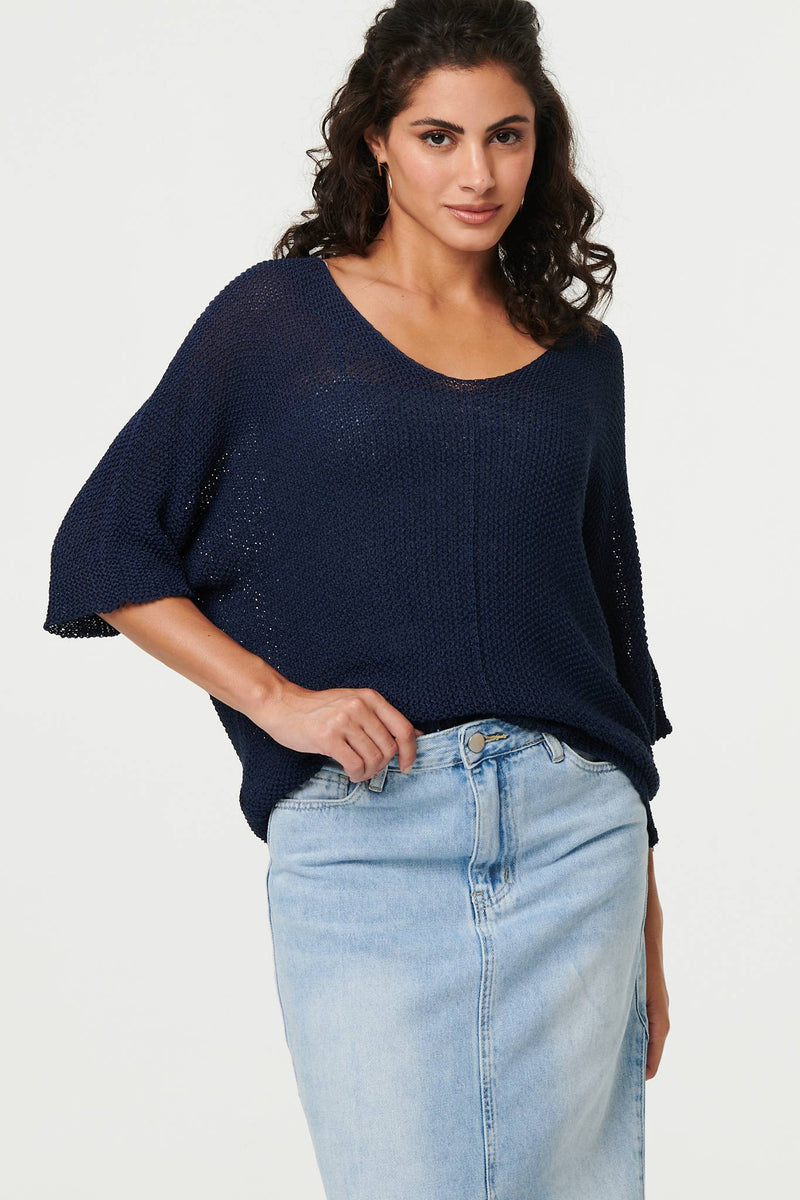 Sheer Mesh Texture 3/4 Sleeve Jumper