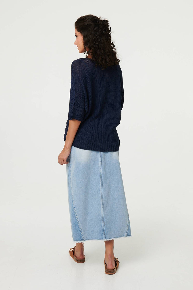 Sheer Mesh Texture 3/4 Sleeve Jumper