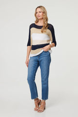 Striped 3/4 Sleeve Mesh Texture Jumper