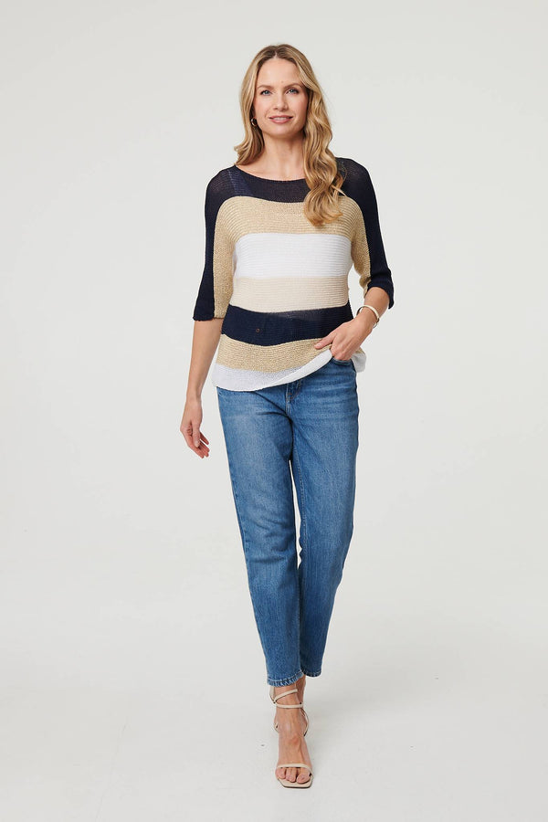 Striped 3/4 Sleeve Mesh Texture Jumper