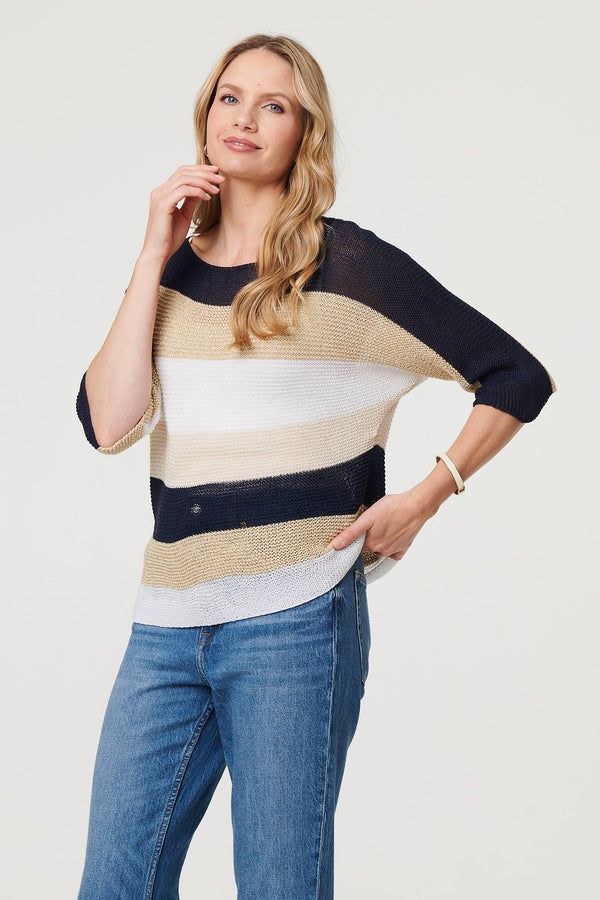 Striped 3/4 Sleeve Mesh Texture Jumper