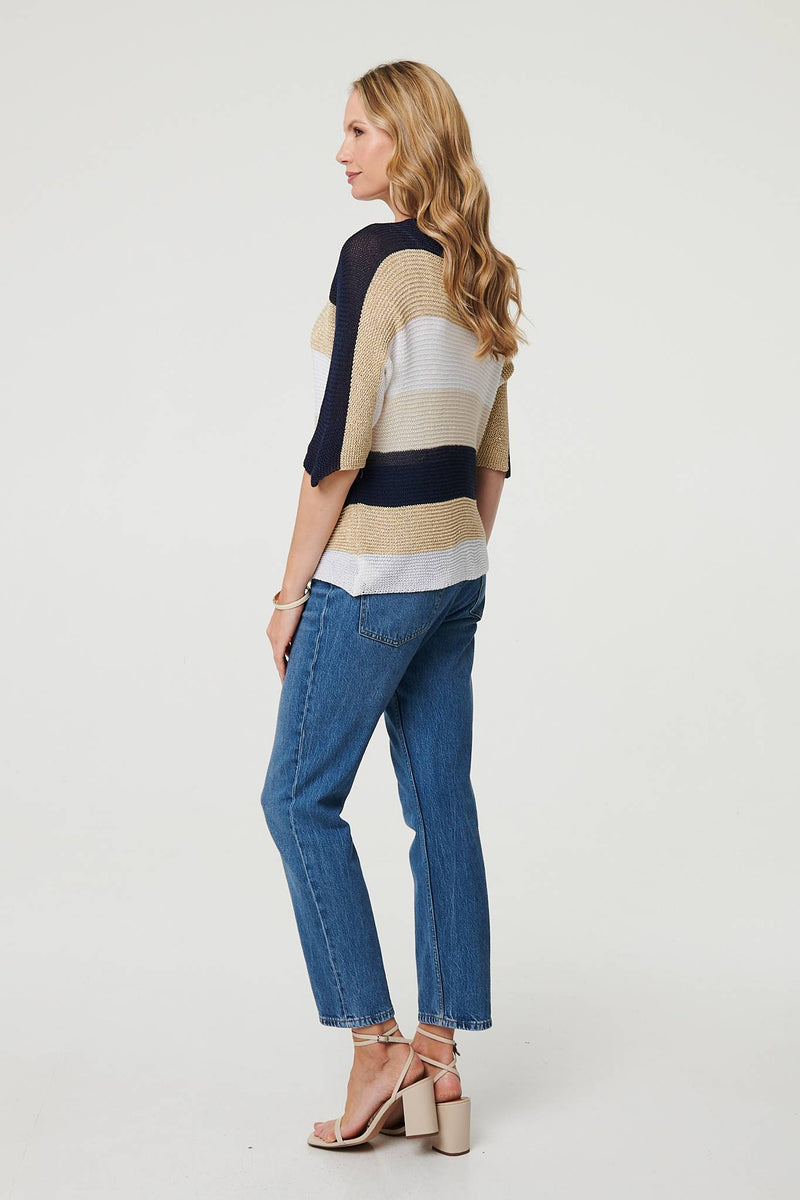 Striped 3/4 Sleeve Mesh Texture Jumper