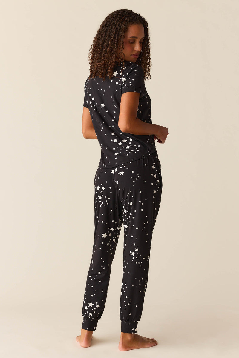 Nadia Cloud Jersey PJ Set in Black Stars