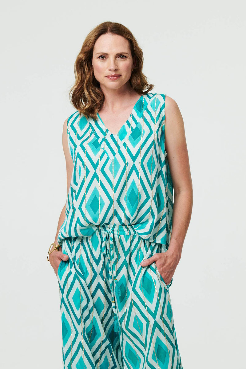 Geo Print V-Neck Sleeveless Relaxed Top