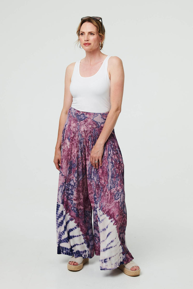 Tie Dye High Waist Shirred Wide Trousers