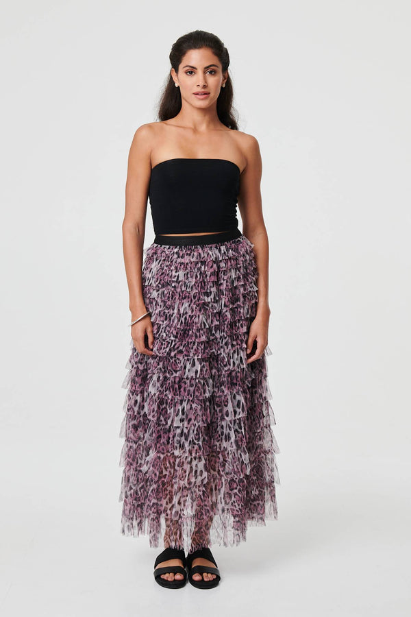 Animal Print Semi Sheer Mesh Midi Skirt