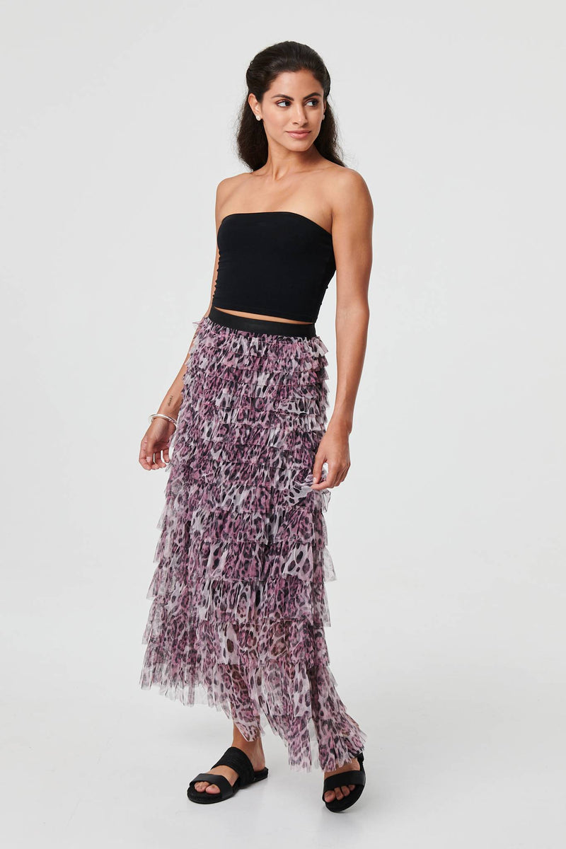 Animal Print Semi Sheer Mesh Midi Skirt