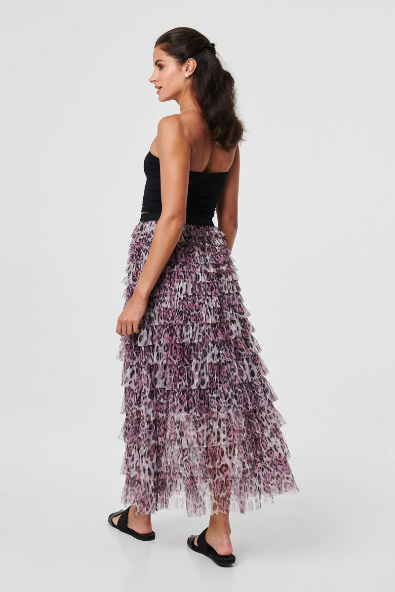 Animal Print Semi Sheer Mesh Midi Skirt