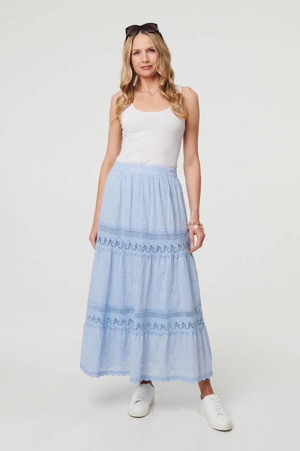 Embroidered High Waist Tiered Maxi Skirt