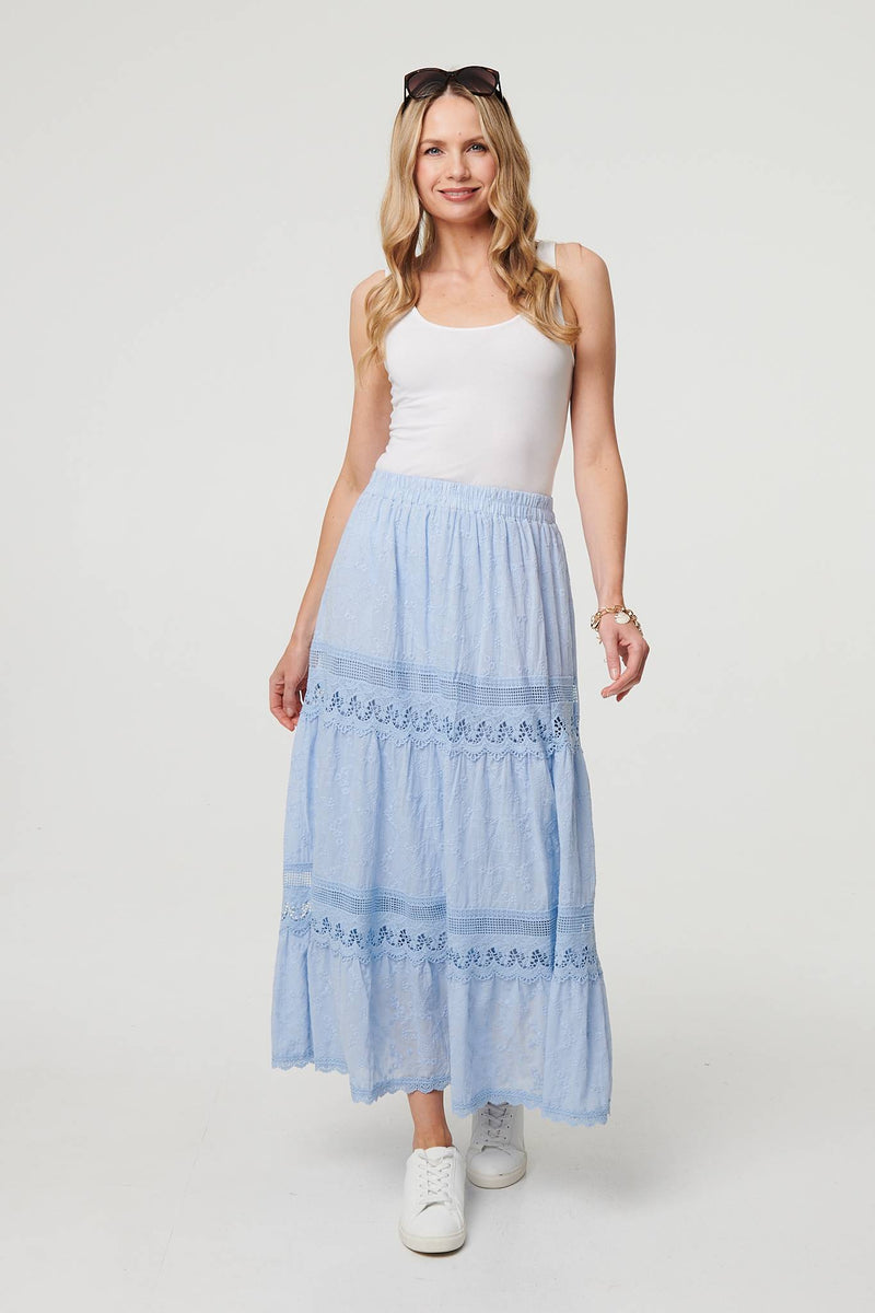 Embroidered High Waist Tiered Maxi Skirt
